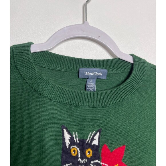 ModCloth Sweater Womens Large Green Purring in Poinsettia Graphic Pullover Cat - Picture 6 of 11